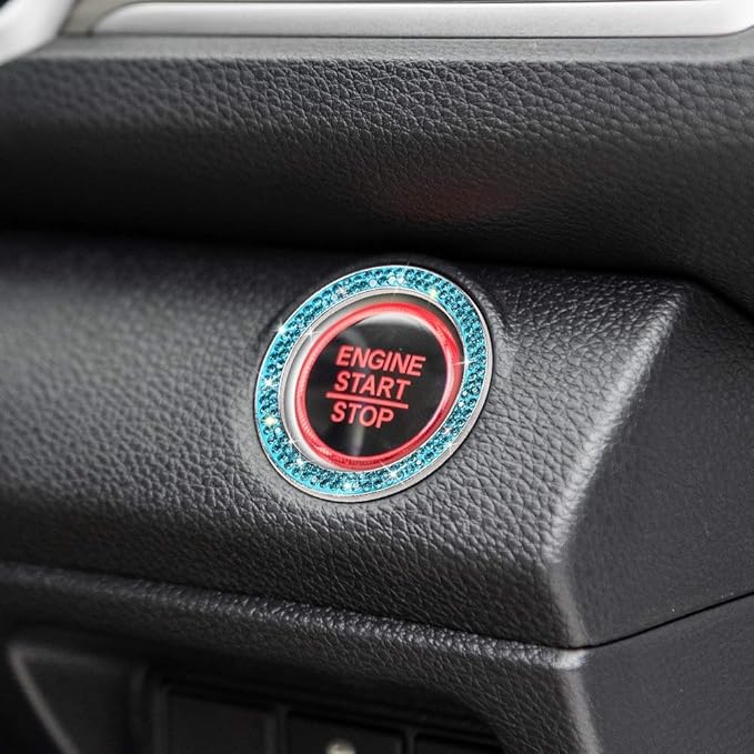ToBeQueen Push to Start Button Ring Emblem Sticker 2Pcs Diamond Car Ring Stickers Rhinestone Car Accessories Interior for Women,Cute Car Decals Ignition Accessories Blue