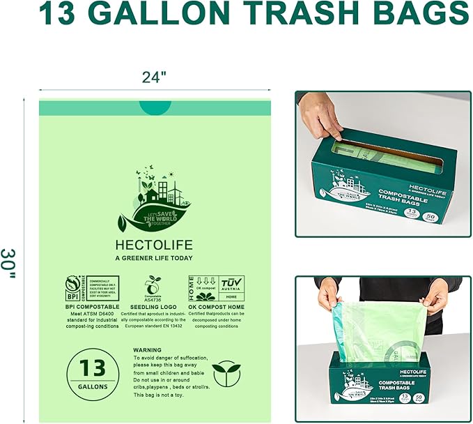 13 Gallon,100 Count, Compostable Trash Bags with Drawstring,Tear Resistant Kitchen Food Scrap Waste Bag, ASTM D6400, US BPI and Europe OK Compost Home Certified