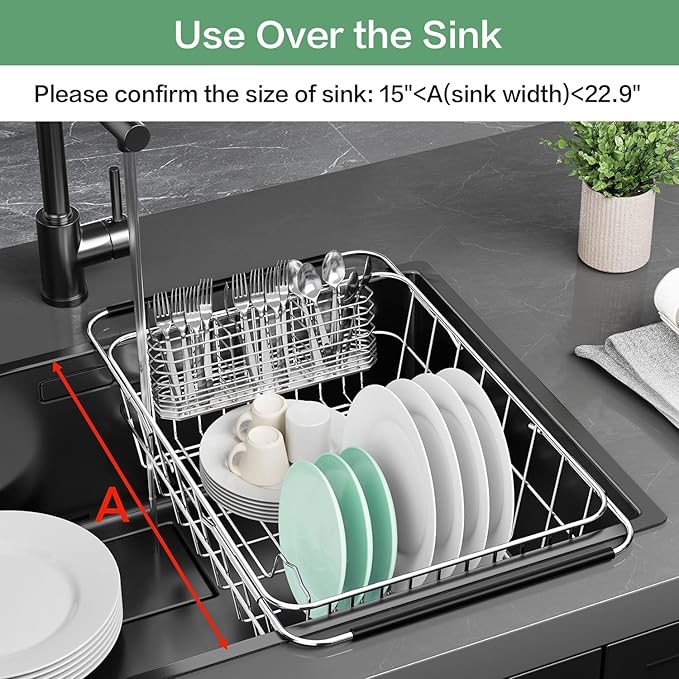 SwetLao Large Sink Dish Drying Rack, Expandable 304 Stainless Steel Metal Dish Drainer Rack Organizer Shelves with Stainless Steel Utensil Holder Over Inside Sink, Rustproof