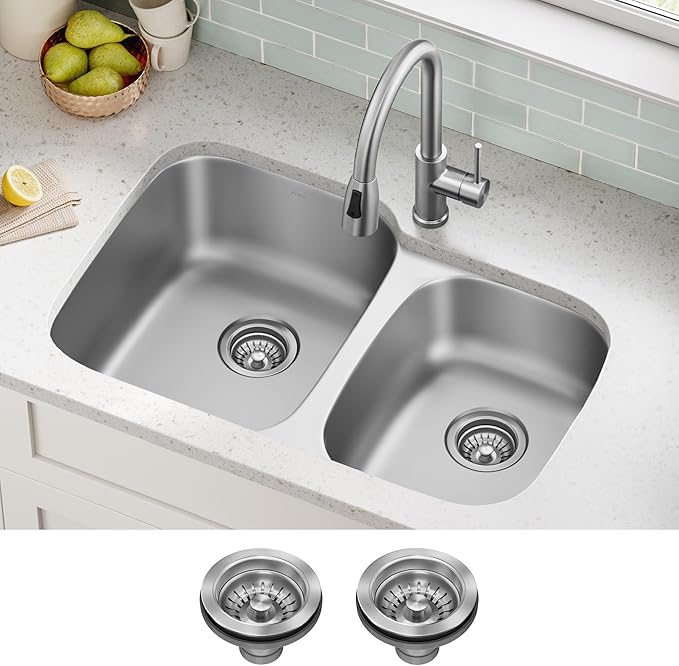KRAUS Premier 32-inch Undermount 60/40 Double Bowl with Low Divider 18-Gauge Stainless Steel Kitchen Sink with Strainers (x2), KBU24