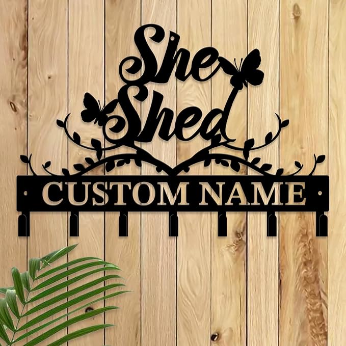 Personalized She Shed Metal Keys Hooks,Custom Name Metal She Shed Keys Hooks,Black Metal She Shed Wall Home Storage Decorative Keys Hooks,Key Holder Hooks for Wall (Style F)