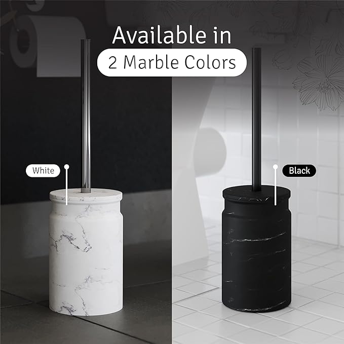 Toilet Brush and Holder Set - Toilet Bowl Brush and Holder with Sturdy Bristles for Thorough Cleaning - Concealed White Bathroom Accessories Toilet Cleaner Brush for Bathroom (Marble Look)