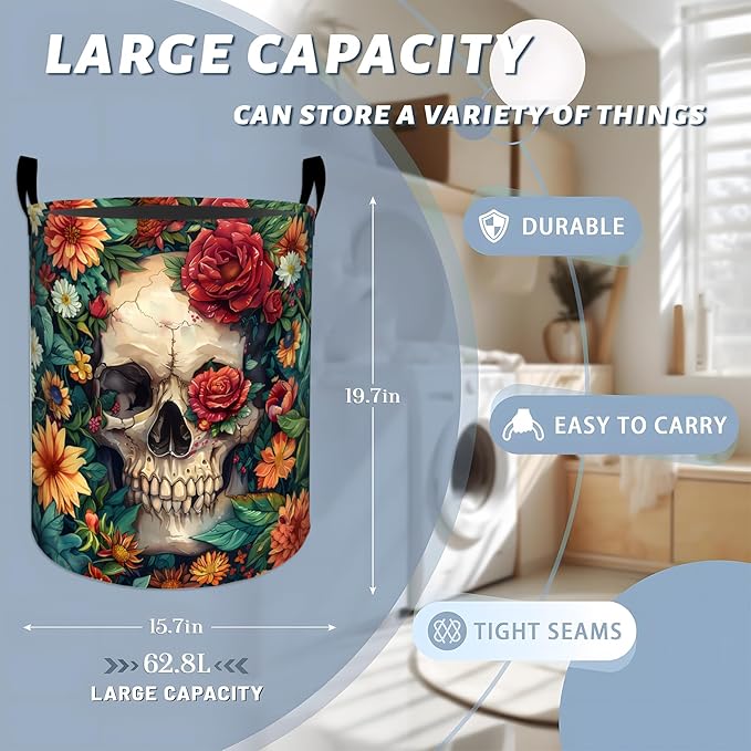 Skull Hidden Among Vibrant Floral Laundry Basket with Handles, 19.7"x15.7" Clothes Foldable Laundry Hamper Organizer for Dorm Nursery Bedroom Bathroom Decor, Toy Storage Bin for Kids