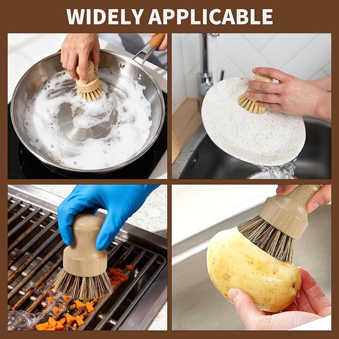 SAMEBUTECO 6-Piece Bamboo Dish Brush Set with Fast-Dry Stainless Steel Holder,3xNatural Sisal Bristle Brush & 1xPalm Bristle Kitchen Cleaning Brushes for Dishes, Pots, Pans & Sink