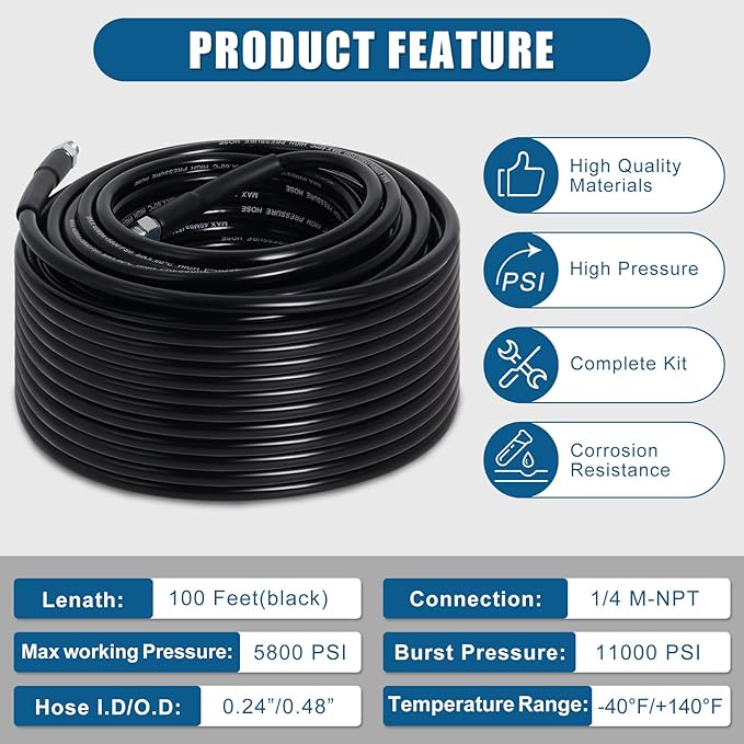Zejoot 100FT Sewer Jetter Kit for Pressure Washer, 5800PSI Drain Cleaner Hose 1/4 Inch NPT Corner with 4 Sewer Jetting Nozzles，Waterproof Tape，Pearl Corsage Pin，Handle Strap & 2 Spanners (Black)