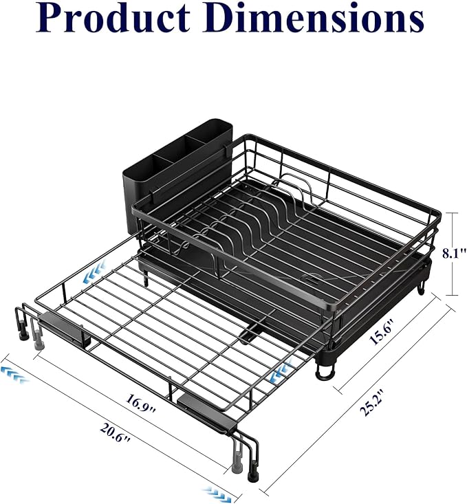 Kitsure Extendable Dish Drying Rack - Rust-Resistant Dish Racks for Kitchen Counter with Adjustable Support Legs, Cutlery Holder & Removable Draining Tray (Black, 15.6''-25.2''L × 16.9''W × 8.1''H)
