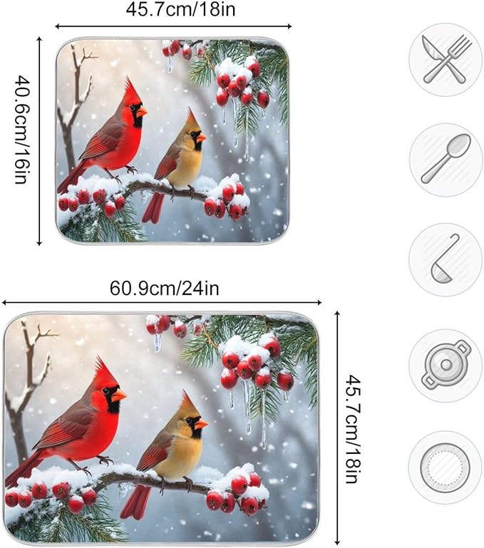 Winter Cardinal Birds Dish Drying Mat for Kitchen Countertop 16x18 Christmas Poinsettia Berry Snow Small Drying Mat Reusable Quick Dry Dish Sink Mats Easy Clean Decorative Essentials