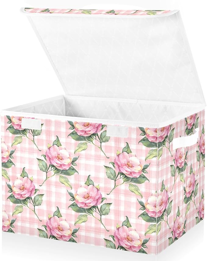Collapsible Storage Bins with Lids, Pink Rose Flower Floral Buffalo Plaid Checkered Storage Boxes for Organizing