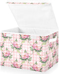 Collapsible Storage Bins with Lids, Pink Rose Flower Floral Buffalo Plaid Checkered Storage Boxes for Organizing