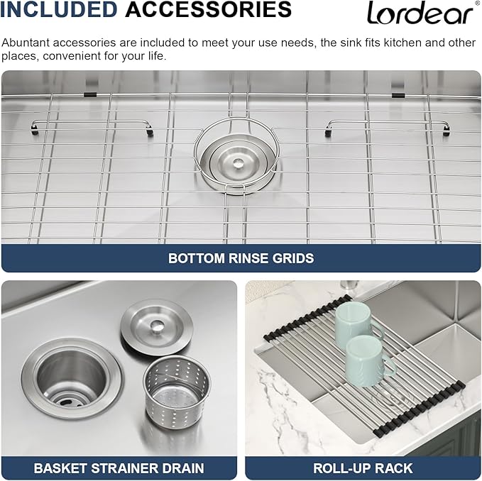 Lordear 28 Kitchen Sink Undermount 16 Gauge Stainless Steel Single Bowl Under Counter Handmade Kitchen Sink Basin, 28"x18"x10"