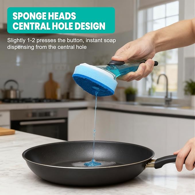 HELIME Dishwand Refills, Non-Scratch Replacement Sponge Heads for Dish Wand, Leak-Proof Handle with Heavy-Duty Scrubbers, Universal Compatible Soap Dispensing Brush for Kitchen, Bathroom Cleaning