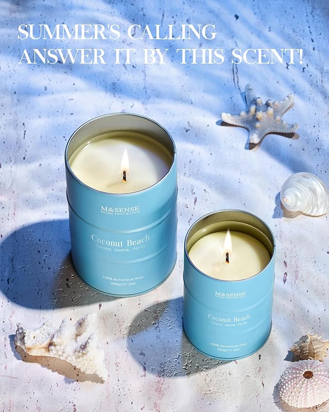 M&SENSE Coconut Beach Scented Candles Large Summer Candle, Natural Soy Candles 21.2oz Beach Candle,Aromatherapy Candle for Stress Relief Meditation Relaxing