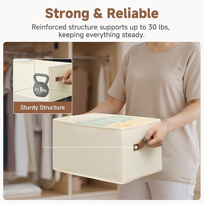 StorageWorks Storage Baskets for Shelves, Foldable Fabric Closet Storage Bins with PU Handles, Fabric Storage Bins Clothes Organizer, Ivory White, 3-Pack, Large
