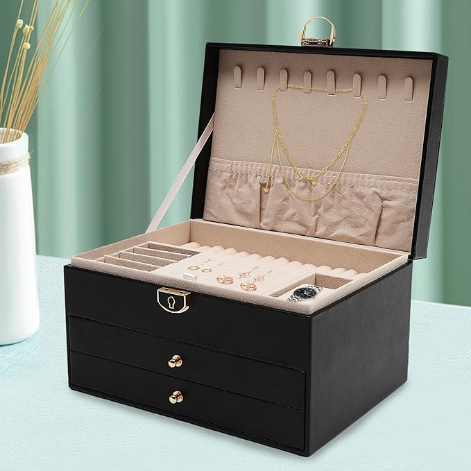 Jewelry Organizer,3 Layers Jewelry Box,Watch Storage Jewelry Case,Jewelry Organizer Pull-Out Drawer Jewelry Storage Case with Lock,Black (Black)