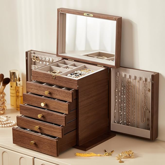 Black Walnut Wooden Jewelry Box, Wood Jewelry Organizer with 2 Side Doors Mirror Lockable Classical Style for Watch Necklace Ring Earring Storage Valentine's Day Gifts-6 Layer