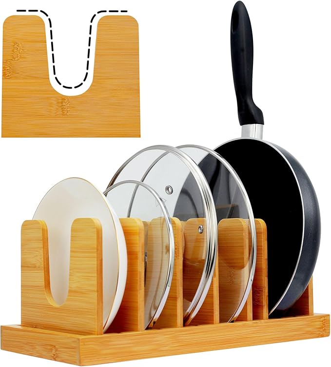 MinBoo Bamboo Pot Lid Organizer Pot Lid Holder, Pot and Pan Organizer Drawer Organizer for Pot Lids, Pans, Cutting Boards & Baking Sheets, Dinner Plates