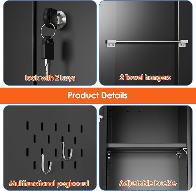 Aobabo Broom Closet Storage Cabinet, Lockable Garage Storage Cabinet for Home Garage, 71.41" H×31.53" W×15.74" D, Assembly Required, Black