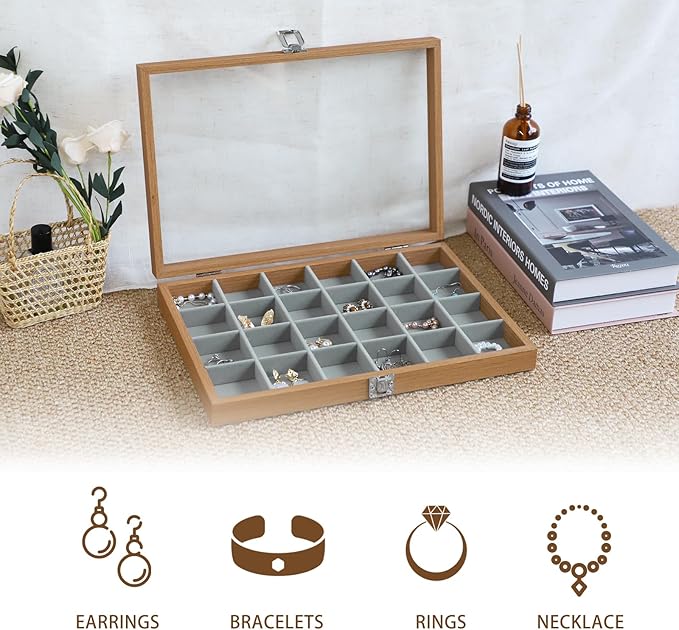 Wudygirl Jewelry Organizer Wood Jewelry Box Earring Holder Organizer Wooden Jewelry Tray with Clear Lid Vintage Jewelry Bracelet Display Ring Holder Adjustable Dividers (Gray 24 Grid)