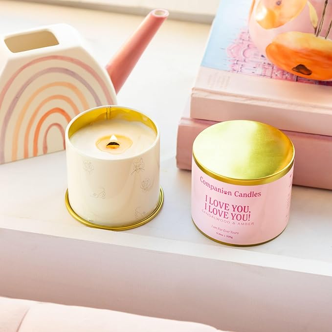 Companion Candles Pet Safe Wood Wick Candle - “I Love You, I Love You!” Sandalwood & Amber, Coconut Soy Wax Scented, Over 50 Hr Burn Time, Non-Toxic, Women-Owned, Made in USA (11.8 oz.)