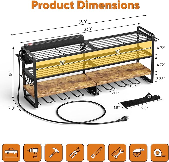 POKIPO Large Power Tool Organizer with 8 Outlet Charging Station, Loads 600lbs, 4 Layer Heavy Duty Utility Rack Holds 8 Cordless Drills, Wall Mount Tool Battery Garage Storage Shelf, Gift for Men
