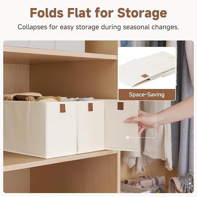 StorageWorks Thin Narrow Baskets for Storage, Small Storage Bins, Fabric Storage Bins with PU Handle, Ideal for Slim Shelves, Clothes, and Toys, Beige, 2-Pack