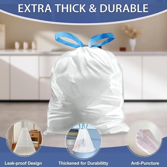 240 Count 8 Gallon Trash Bags Drawstring - 1.2 Mil White Medium Garbage Bags Unscented, 30 Liter Thick Plastic Trash Can Liners for Home Kitchen Bathroom