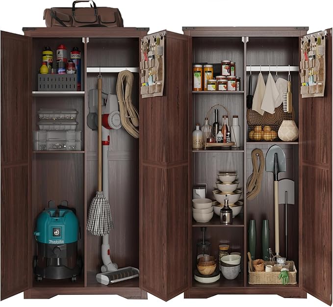 Set of 2 Farmhouse Storage Cabinet with Adjustable Shelves, Large Pantry Organize with 2 Barn Doors, Tall Freestanding Cabinet for Kitchen, Bathroom, Garage, Living, Utility Room, Brown