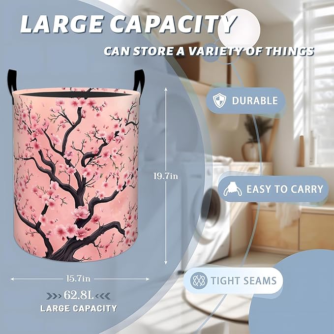 Elegant Cherry Blossom Pink Floral Laundry Basket with Handles, 19.7"x15.7" Clothes Foldable Laundry Hamper Organizer for Dorm Nursery Bedroom Bathroom Decor, Toy Storage Bin for Kids