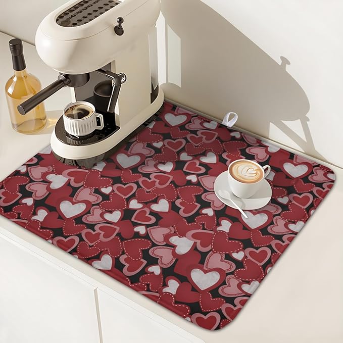 Valentines Day Dish Drying Mat for Kitchen Counter 18x16 Inch Love Drying Mat with Absorbent Reversible Microfiber Black Red Grey Heart Dish Drainer Mats Rack Pad for Coffee Countertop Protector
