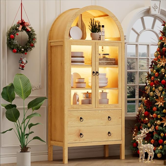 71'' Tall Arched Cabinet, Farmhouse Arched Kitchen Pantry with Doors, Arch Storage Cabinet Display Bookcase with 2 Large Drawers and Adjustable Shelves, Versatile Cupboard for Living Room