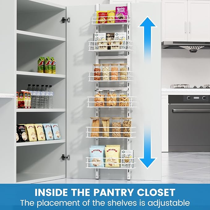 Purdaz Adjustable 6-Tier Over the Door Pantry Organizer, Spice Rack, Narrow Hanging Shelf for Kitchen Storage and Organization (White)