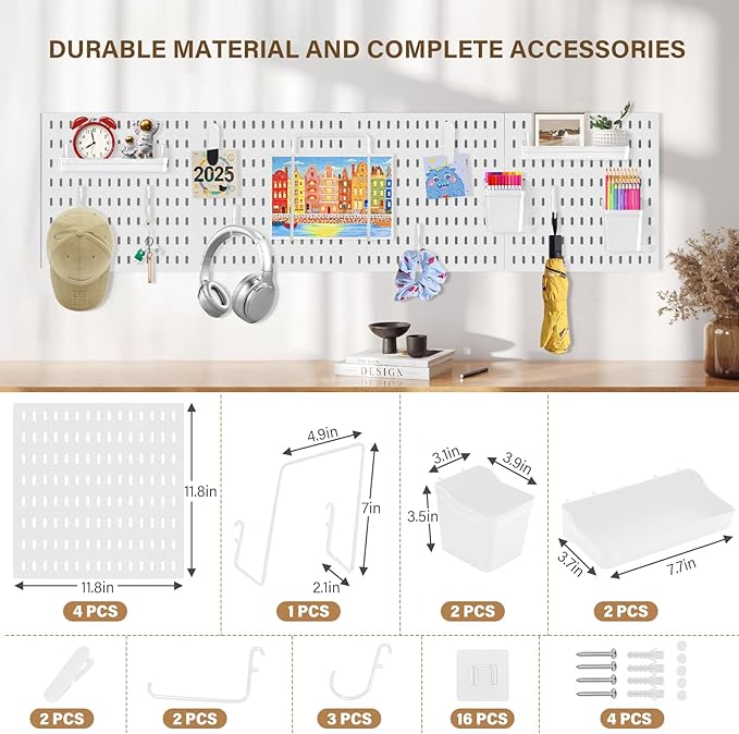 AKTOP Peg Board Wall Organizer 4-Pack – 12"x12" White Pegboard Combination Kit with 13 Accessories for Wall, Plastic Peg Board Panels for Home, Office, Garage Tool Storage & Craft Room