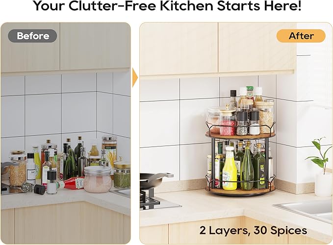 MUTUALUS Lazy Susan Organizer 2 Tier - Turntable Spice Rack for Table Top, Wooden Rotating Lazy Susan for Cabinet Pantry Kitchen Countertop Dining Table Cupboard Bathroom Vanity Storage