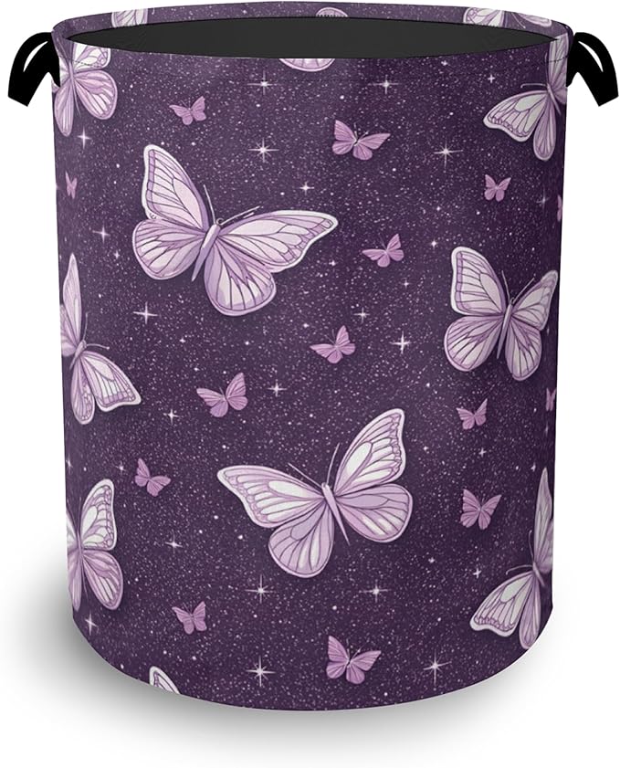 Purple Butterfly Laundry Basket,Oxford Cloth Laundry Hamper with Handle Foldable Portable Clothes Storage Basket for Bathroom Bedroom Dorm Room 16" x 20.8"
