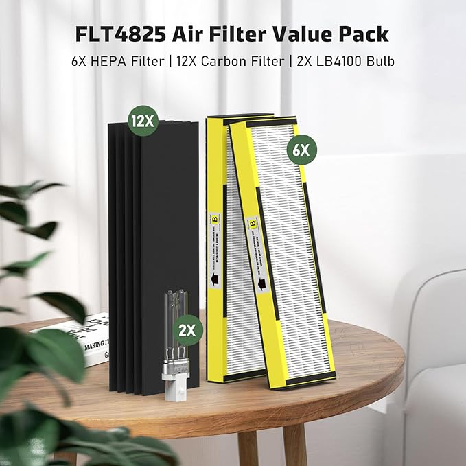 FMDZFL 6 Packs FLT4825 HEPA Replacement Filter B & 2 Replacement Bulb Compatible with AC4825 AC4300 AC4800 AC4900 AC4850, Part No# FLT4825, LB4000