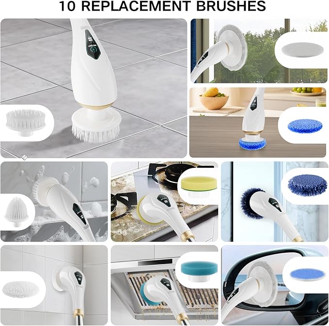 Electric Spin Scrubber Cordless Shower Cleaning Brush with 10 Replaceable Brush Heads, Extendable Handle Up to 59", 2 Speed, Waterproof, 2H Cleaning Time for Bathroom Shower Tile Glass Car