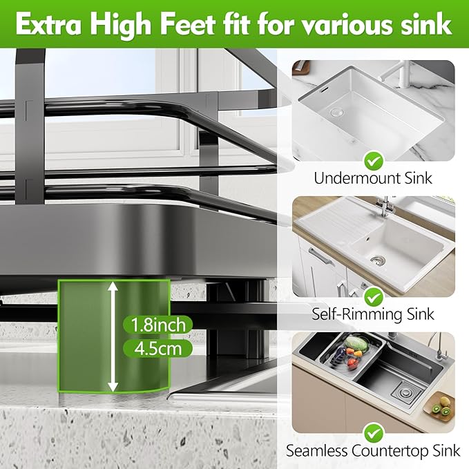 TOOLF Expandable Dish Rack, Dish Drying Rack for Kitchen Counter, Foldable Dish Dryer Rack, Stainless Steel Dish Drainer Racks with Cutlery Holder, Collapsible Dish Drying Racks Standard Size,Black