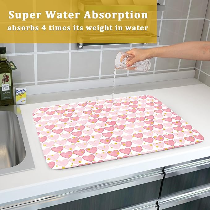 Valentines Day Dish Drying Mat for Kitchen Counter 24x18 Inch Love Drying Mat with Absorbent Reversible Microfiber Golden Pink Heart Dish Drainer Mats Rack Pad for Coffee Countertop Protector