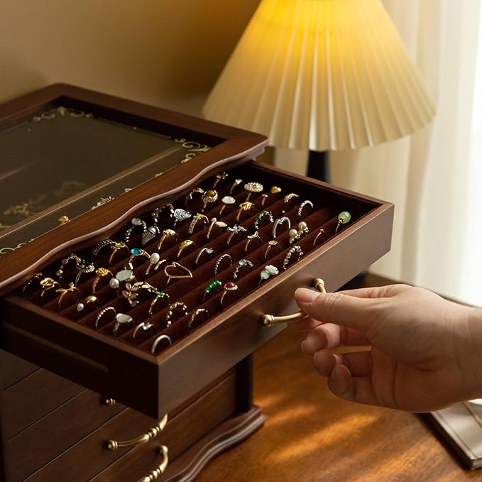 Kinsuite Black Walnet Jewelry Box with Glass Top & 6 Drawers - Handcrafted Vintage Organizer, Gold Hardware, for Necklaces, Rings, Watches - Elegant Display & Storage Chest for Women
