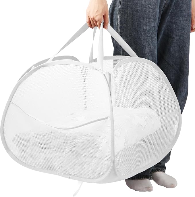 Bemkoo Collapsible Laundry Basket, 90L Large Foldable Mesh Pop Up Hamper for Laundry, Dirty Clothes, Bedroom, Bathroom, Dorm, Laundry Room, Travel, Camping, White