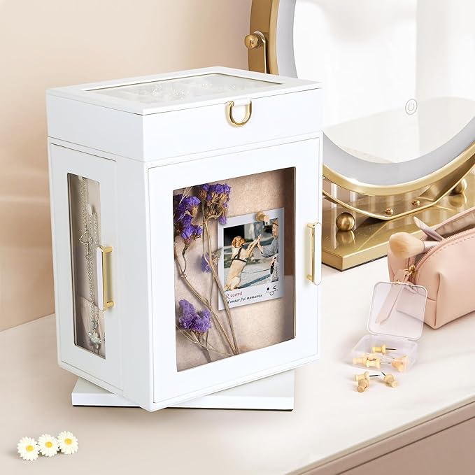 Kendal 360° Rotating Jewelry Box - White PU Leather Jewelry Organizer with Shadow Box & Pinboard, Detachable Top Tray, Drawers & Push Pins for Personalized Accessory Display & Storage