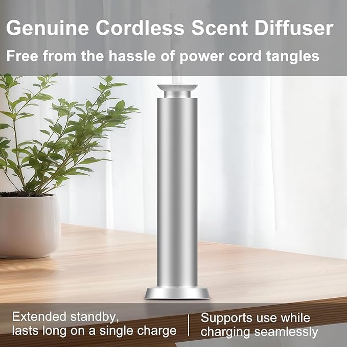 Wirless Rechargeable Waterless Scent Diffuser Kit, Includes 5 Premium Oils, 2000 Sq.Ft Coverage,Hotel Scent Diffuser for Home, Studio, Cordless Essential Oil Diffuser Large Room, APP Control - Silver