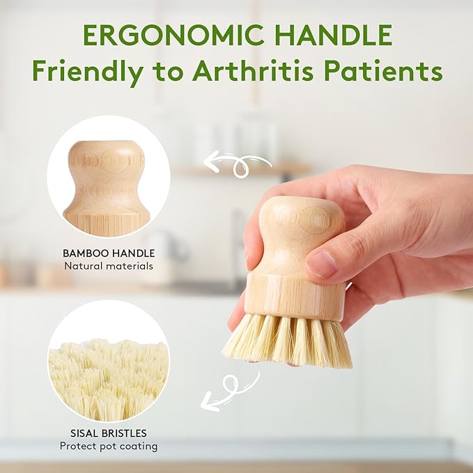 ÖkoStamm 4 Pack Bamboo Dish Brush, Natural Dish Scrubber with Sisal Bristle, Scrub Brush for Kitchen Cleaning Dishes, Pots, Pans, Bottles, Vegetables