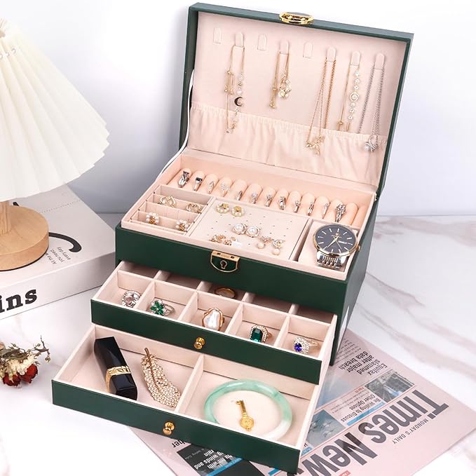 Jewelry Organizer Box PU Leather Double-Layer Pull-Out Drawer & Multiple Compartments - Premium Jewelry Storage for Necklaces, Rings, Bracelets - Nice Christmas Gift for Women, Men