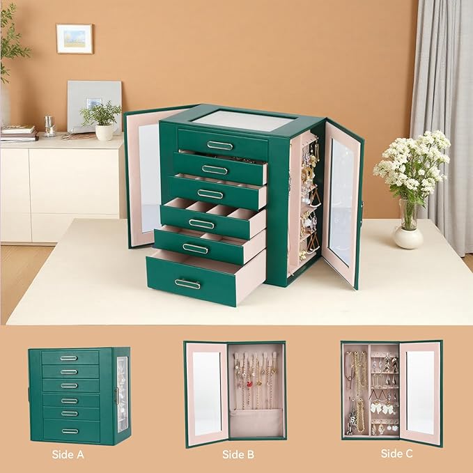 Jewelry Boxes for Women, 6 Layer Jewelry Organizer with Glass Lids, Jewelry Holder Organizer with 5 Drawers and 2 Glass Doors for Jewelry Storage, Big Jewelry Box for Womens Gift (Green)