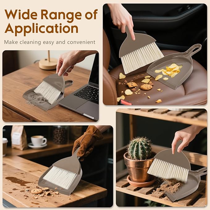 THINKLEARN 2PCS Small Broom and Dustpan Set, Mini Dust Pan and Brush, Hand Whisk for Pets, Kids, Desk, Home, Camping, Brown Cleaning Supplies