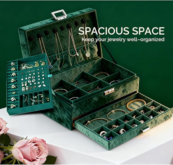 Jewelry Organizer Box for Women Girls, Jewelry Box 3-Tier Jewelry Display Case and Organizer,Lockable Jewelry Display Case Anti Tarnish,Varying Compartments for Necklaces, Bracelets, Rings