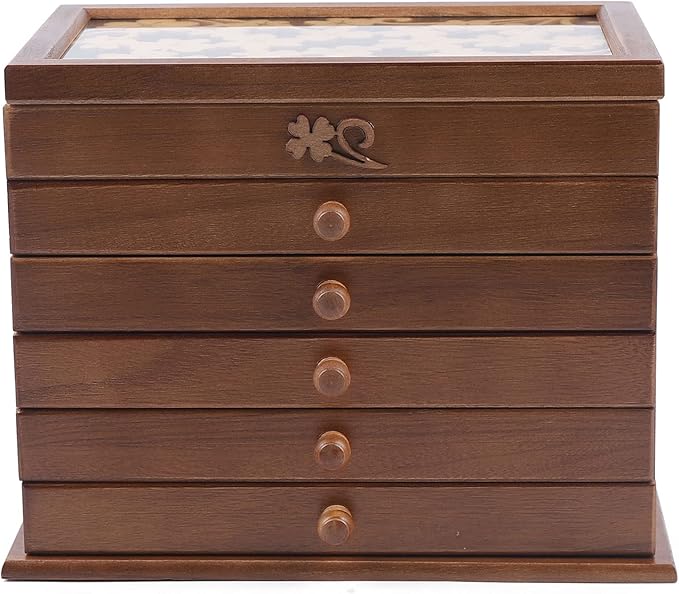 Eapmic Extra Large Four-Leaf Carved 6 Layers Wooden Jewelry Box Jewelry Case Cabinet Armoire Ring Necklacel Gift Storage Box Organizer (Brown Style 1)