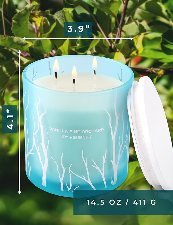 Vanilla Pine Orchard 3 Wick Soy Candle Large 14.5oz | Fresh Vanilla Pine Scented Candles for Home | Teal Blue Frosted Decorative Spring Candle | Clean Woodsy Scent | Aromatherapy Candle, Birthday Gift