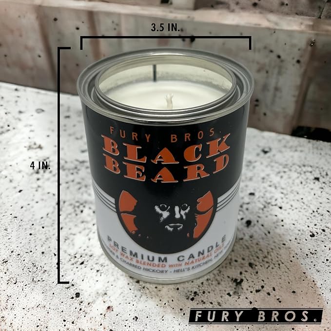 Fury Bros. Scented Candles for Men | Black Beard | Gunpowder & Charred Hickory | Natural Soy Wax | Hand-Poured in the USA | Long 70-80 Hour Burn (12.5 oz) | Vintage-inspired Tin Design | Dad Home Gift